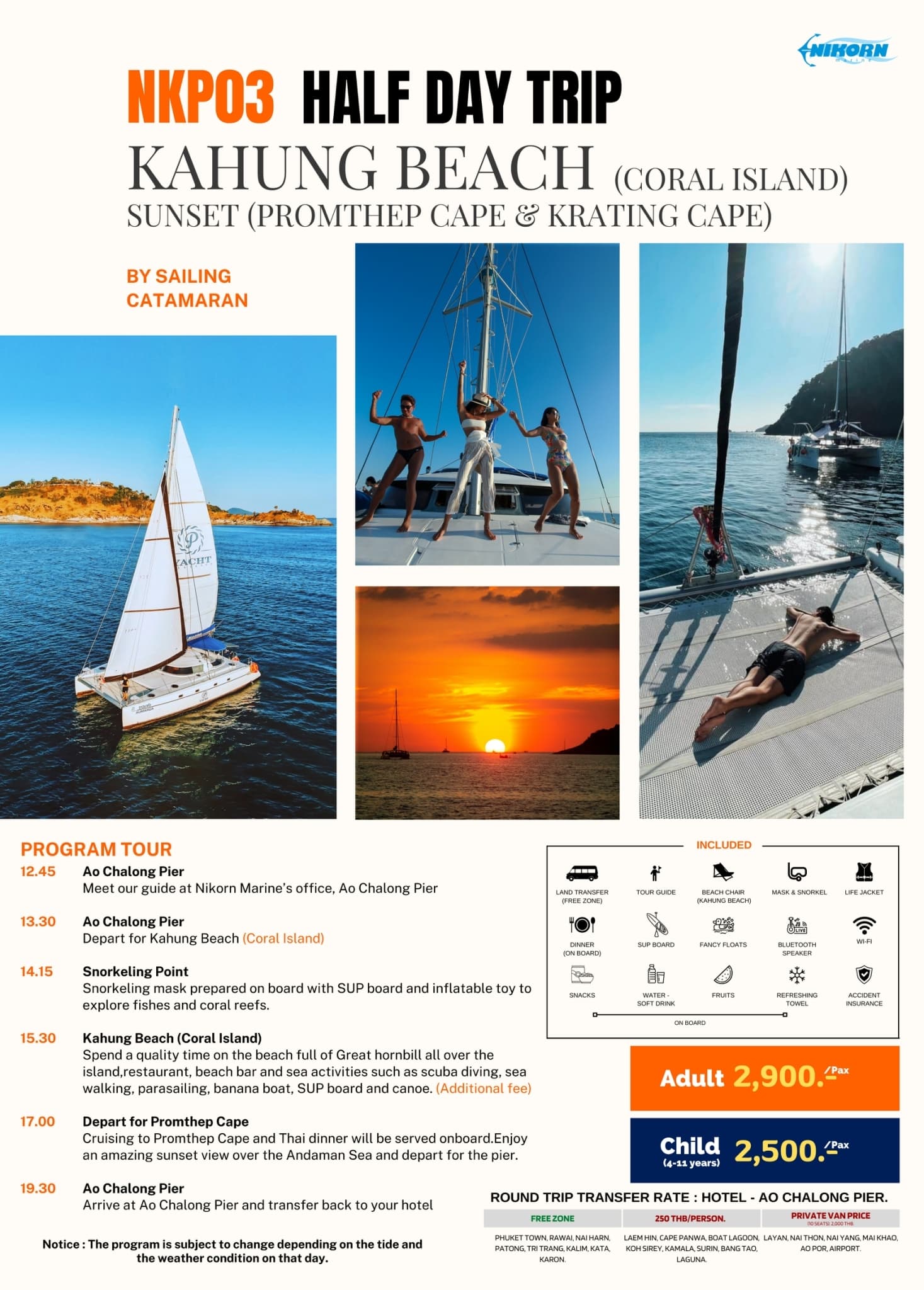 (NKP03) Kahung Beach + Sunset Promthep & Krating Cape by Sailing Catamaran